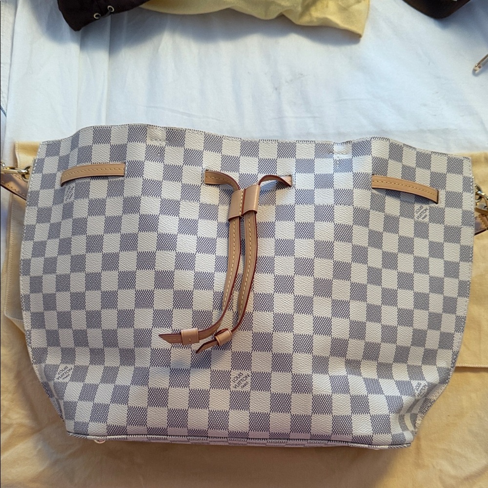 Louis Vuitton Checkered Drawstring Tote in Light Gray and Cream with Tan Trim